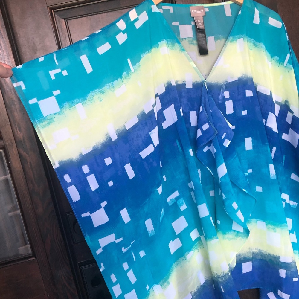 Chico’s L XL blue yellow print oversized top 14 - Picture 2 of 6